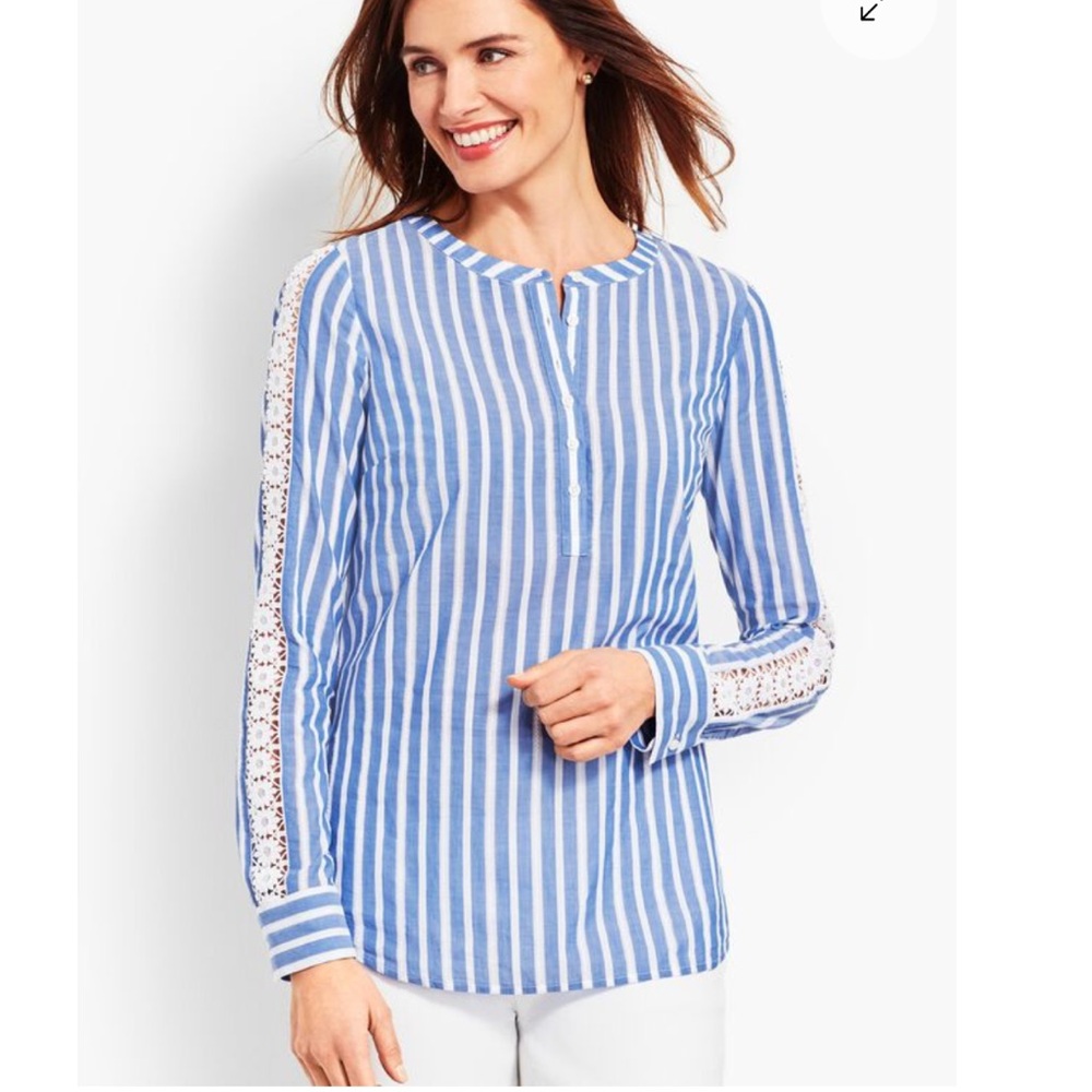 Talbots Cotton Lace Sleeve Popover Blouse, Size XL